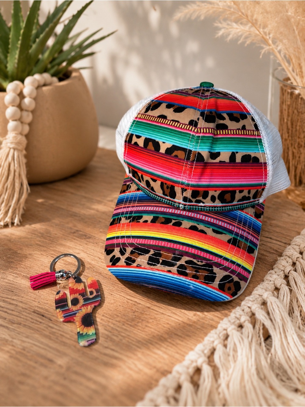 Serape Leopard Trucker Hat & Sunflower Cactus Keychain Set